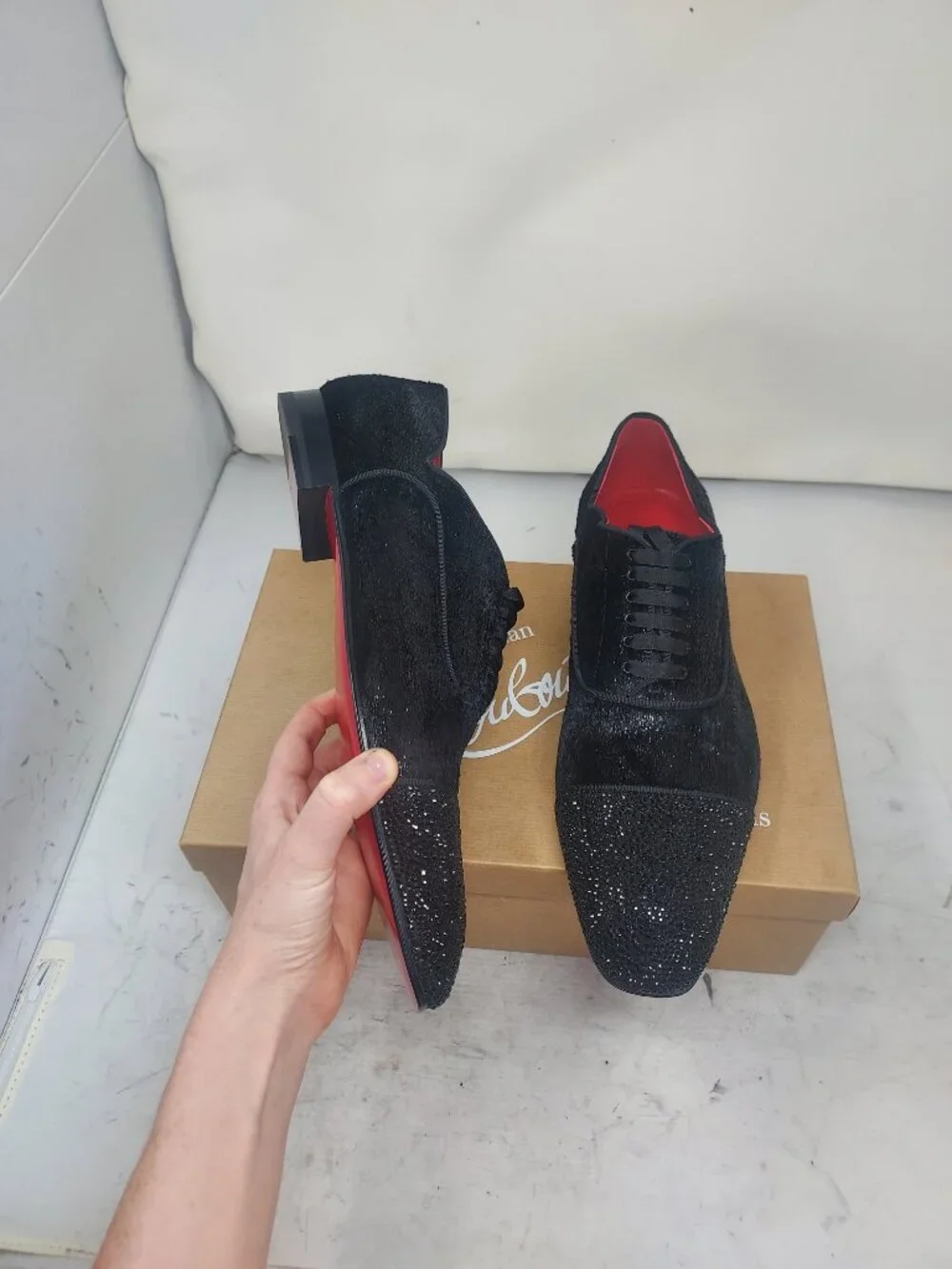 Christian Louboutin Black Greggy Chick Bejeweled Strass Lace Up Velvet Loafer